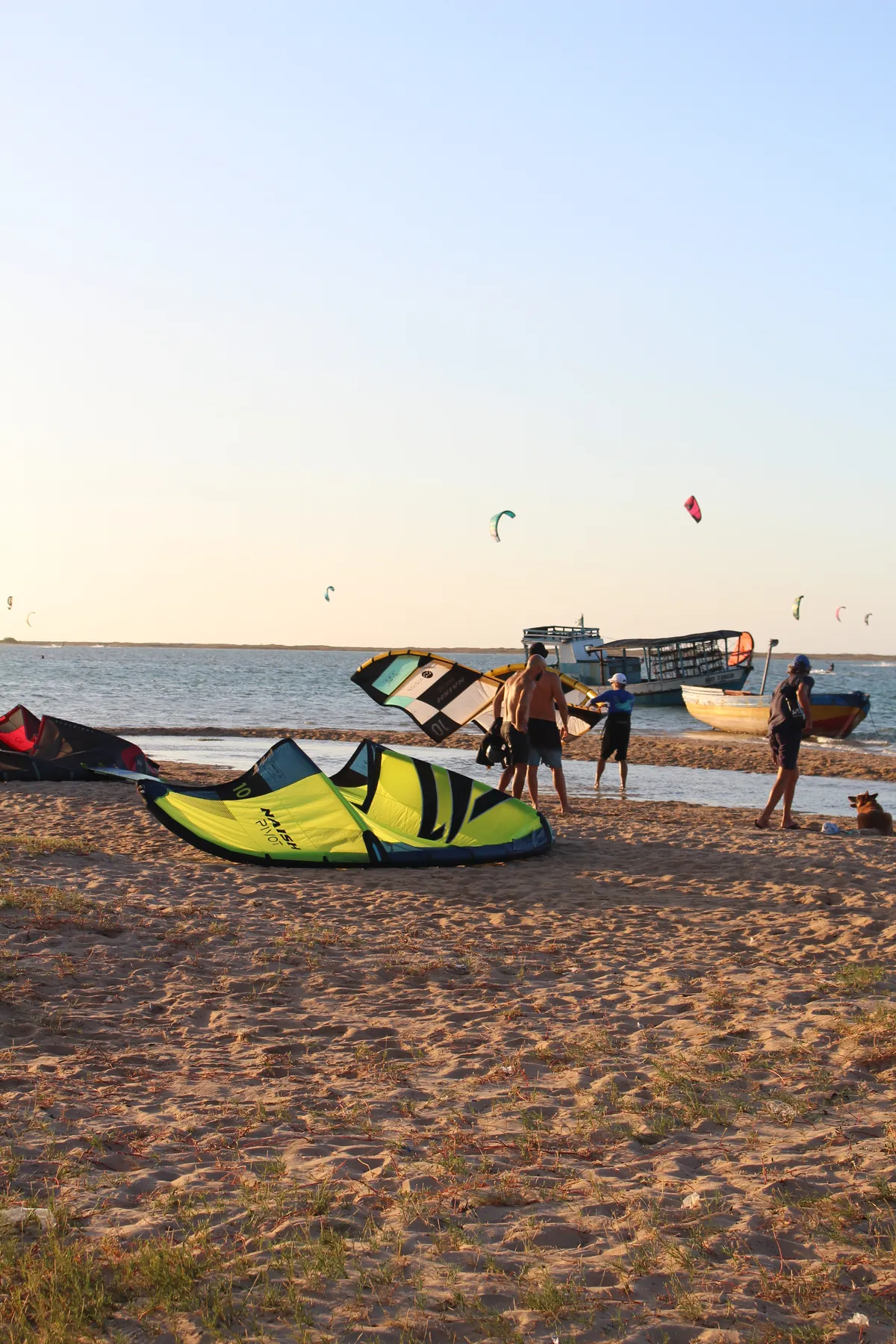 Late afternoon on the beach at Ilha do Guajirú with kitesurf gear, a jangada raft and palm trees